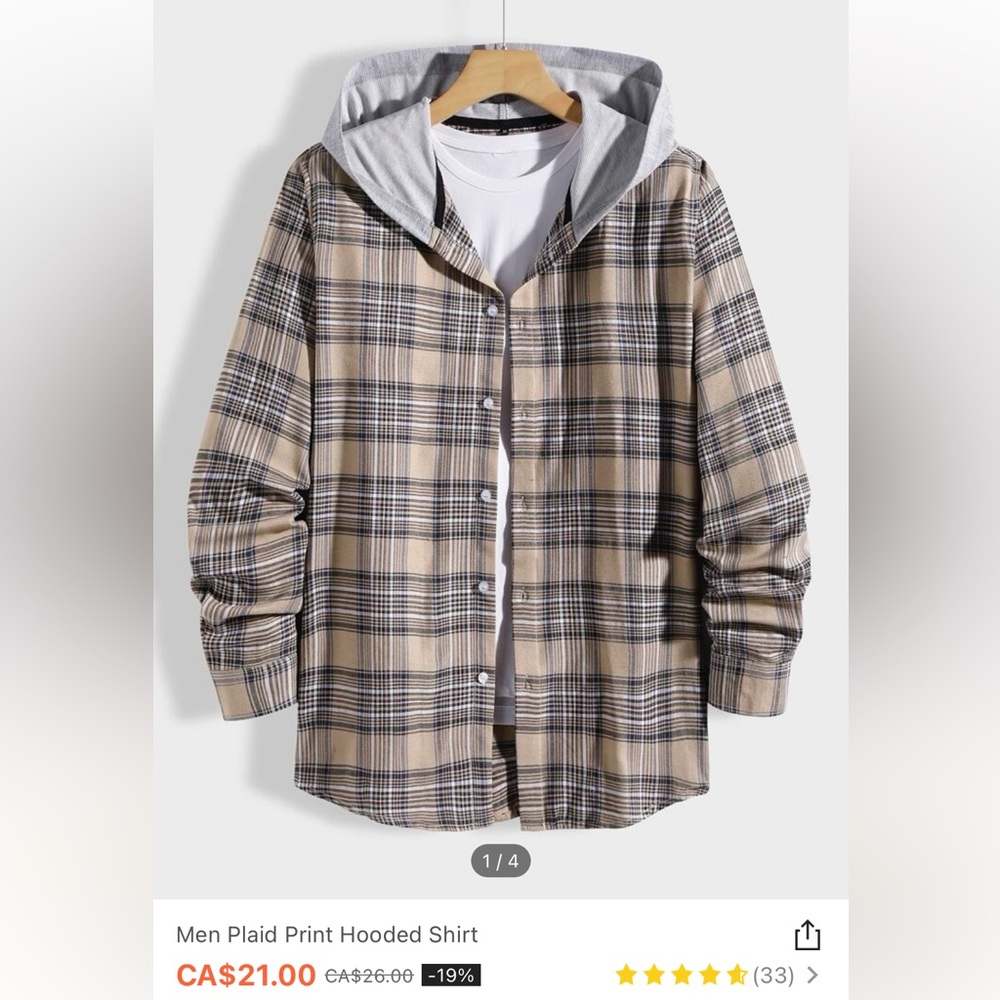 Men Plaid Print Hooded Shirt Flannel Tan